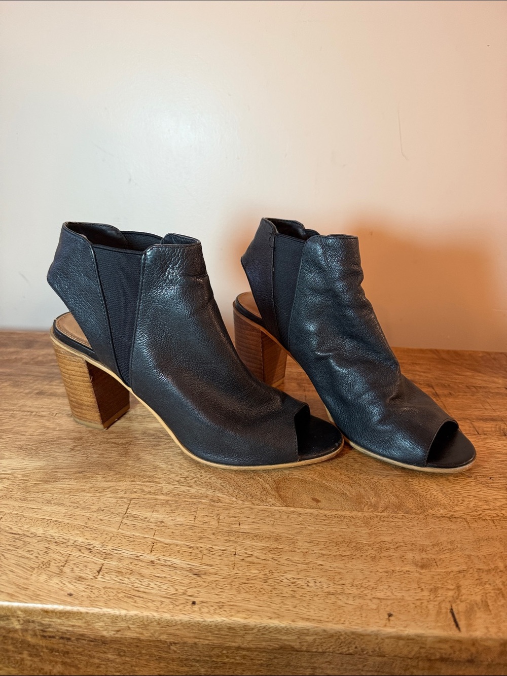 Women's Steve Madden Black Peep-Toe Leather Block Heel Boots
